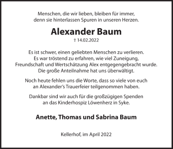 Traueranzeige von Alexander Baum von Deister- und Weserzeitung