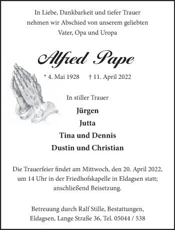 Traueranzeige von Alfred Pape von Neue Deister-Zeitung