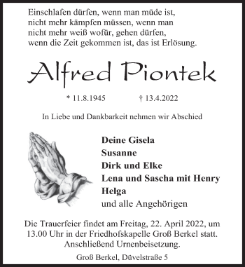 Traueranzeige von Alfred Piontek von Deister- und Weserzeitung