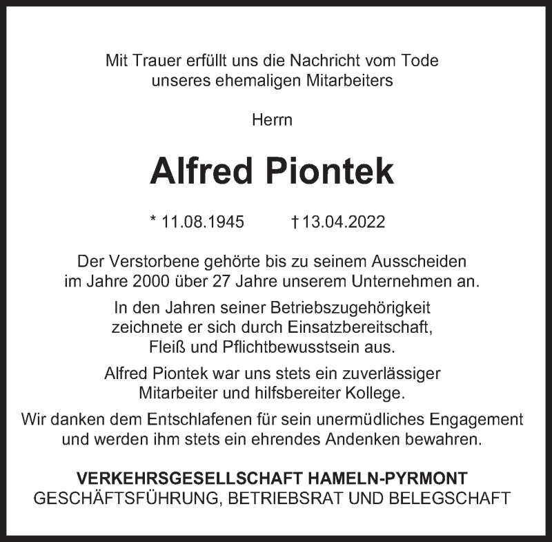  Traueranzeige für Alfred Piontek vom 30.04.2022 aus Deister- und Weserzeitung