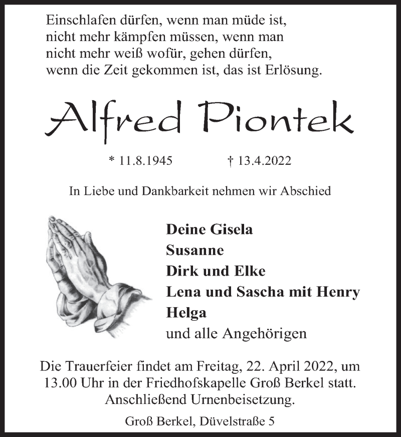  Traueranzeige für Alfred Piontek vom 20.04.2022 aus Deister- und Weserzeitung