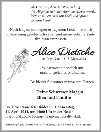 Traueranzeige von Alice Dietsche von Neue Deister-Zeitung