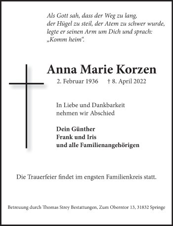 Traueranzeige von Anna Marie Korzen von Neue Deister-Zeitung