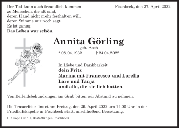 Traueranzeige von Annita Görling von Deister- und Weserzeitung
