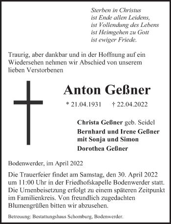 Traueranzeige von Anton Geßner von Deister- und Weserzeitung
