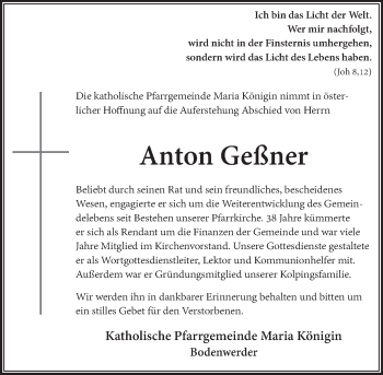 Traueranzeige von Anton Geßner von Deister- und Weserzeitung