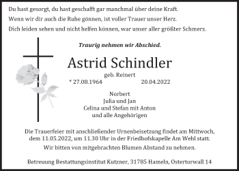Traueranzeige von Astrid Schindler von Deister- und Weserzeitung