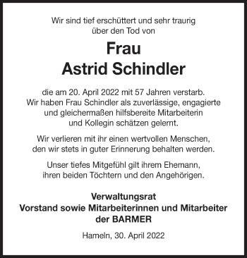 Traueranzeige von Astrid Schindler von Deister- und Weserzeitung