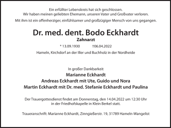 Traueranzeige von Bodo Eckhardt von Deister- und Weserzeitung