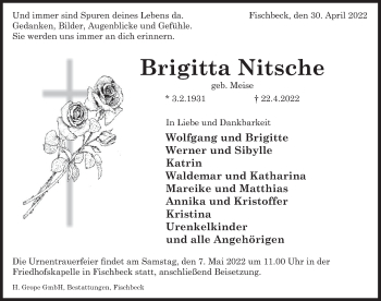 Traueranzeige von Brigitta Nitsche von Deister- und Weserzeitung
