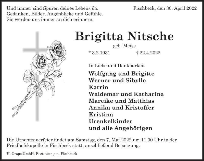  Traueranzeige für Brigitta Nitsche vom 30.04.2022 aus Deister- und Weserzeitung