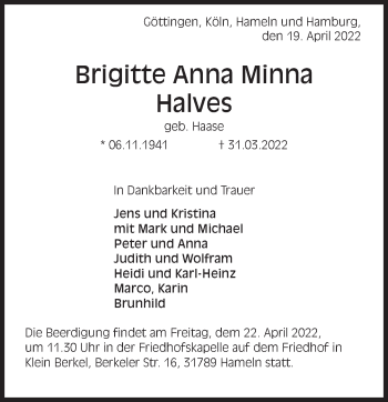 Traueranzeige von Brigitte Anna Minna Halves von Deister- und Weserzeitung