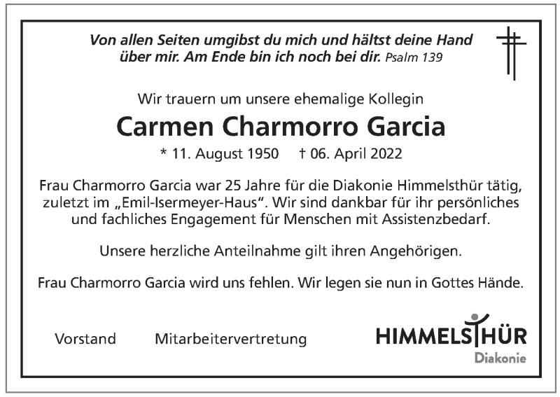 Traueranzeige für Carmen Charmorro Garcia vom 23.04.2022 aus Deister- und Weserzeitung
