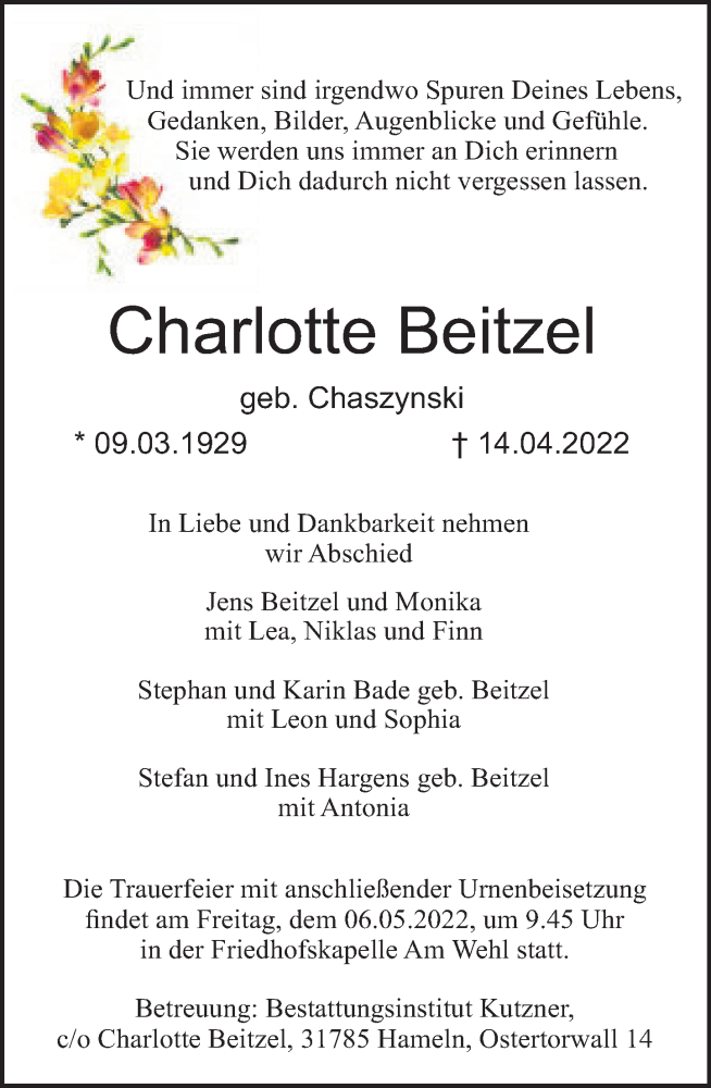  Traueranzeige für Charlotte Beitzel vom 23.04.2022 aus Deister- und Weserzeitung
