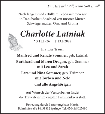 Traueranzeige von Charlotte Latniak von Neue Deister-Zeitung