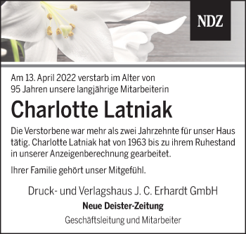 Traueranzeige von Charlotte Latniak von Neue Deister-Zeitung