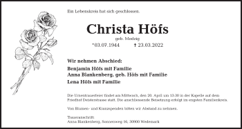 Traueranzeige von Christa Höfs von Deister- und Weserzeitung