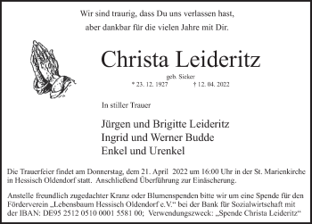 Traueranzeige von Christa Leideritz von Deister- und Weserzeitung