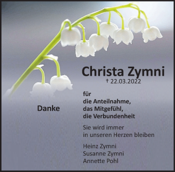 Traueranzeige von Christa Zymni von Deister- und Weserzeitung