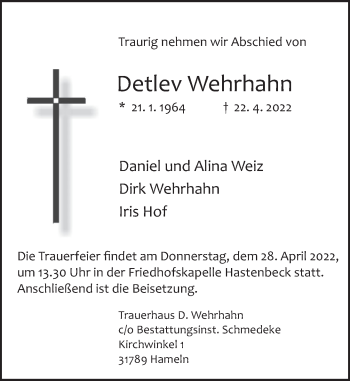 Traueranzeige von Detlev Wehrhahn von Deister- und Weserzeitung