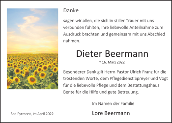 Traueranzeige von Dieter Beermann von Deister- und Weserzeitung