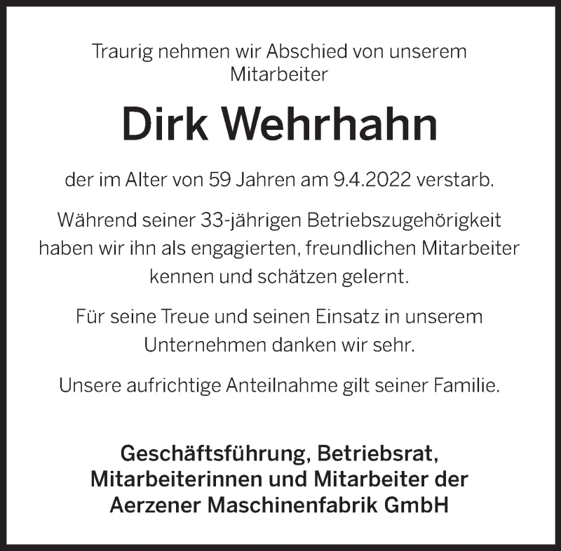  Traueranzeige für Dirk Wehrhahn vom 22.04.2022 aus Deister- und Weserzeitung
