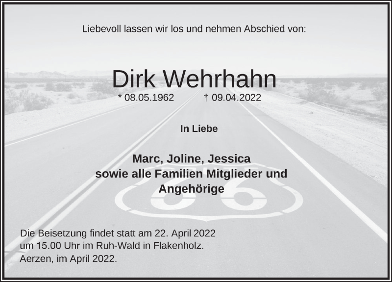  Traueranzeige für Dirk Wehrhahn vom 16.04.2022 aus Deister- und Weserzeitung