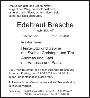 Traueranzeige von Edeltraut Brasche von Deister- und Weserzeitung