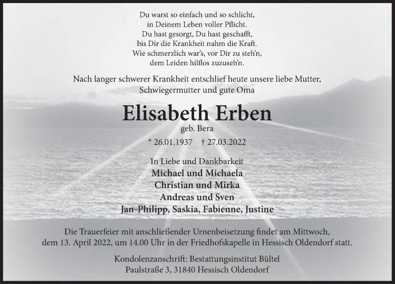  Traueranzeige für Elisabeth Erben vom 08.04.2022 aus Deister- und Weserzeitung