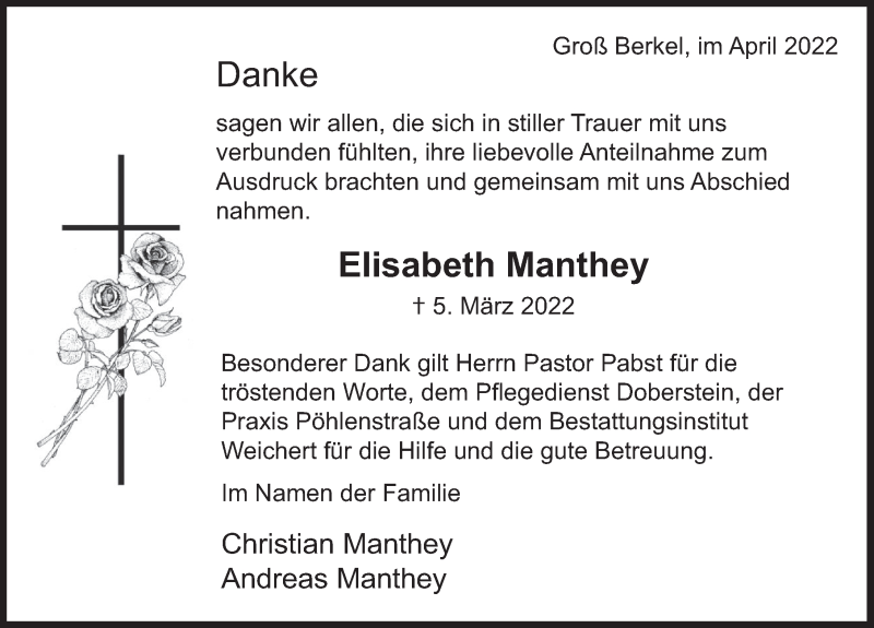  Traueranzeige für Elisabeth Manthey vom 09.04.2022 aus Deister- und Weserzeitung