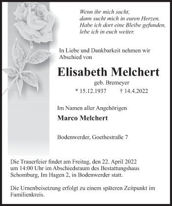 Traueranzeige von Elisabeth Melchert von Deister- und Weserzeitung