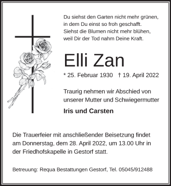 Traueranzeige von Elli Zan von Neue Deister-Zeitung