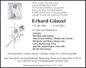 Traueranzeige von Erhard Günzel von Deister- und Weserzeitung