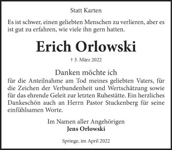 Traueranzeige von Erich Orlowski von Neue Deister-Zeitung