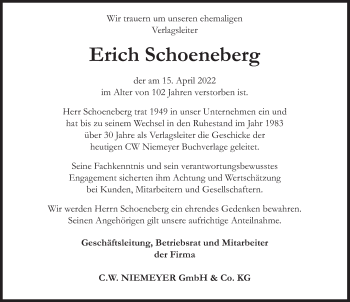 Traueranzeige von Erich Schoeneberg von Deister- und Weserzeitung