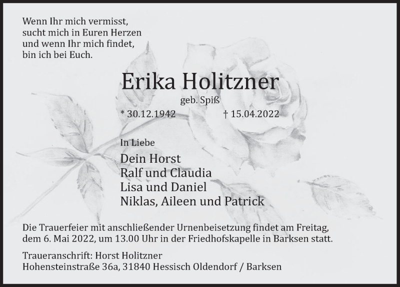  Traueranzeige für Erika Holitzner vom 30.04.2022 aus Deister- und Weserzeitung