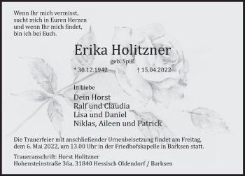 Traueranzeige von Erika Holitzner von Deister- und Weserzeitung
