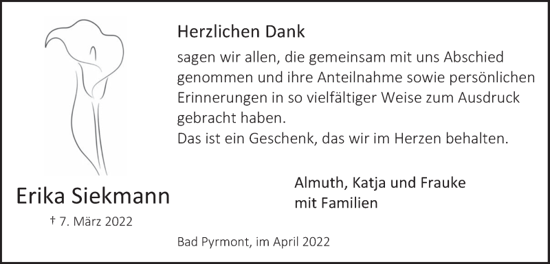  Traueranzeige für Erika Siekmann vom 14.04.2022 aus Deister- und Weserzeitung