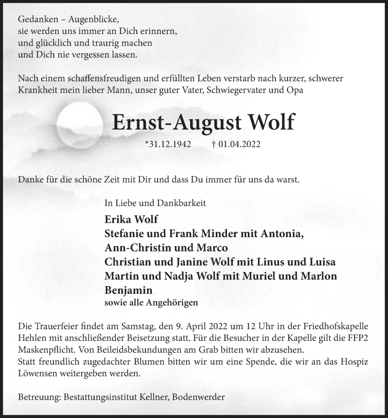 Traueranzeige für Ernst-August Wolf vom 06.04.2022 aus Deister- und Weserzeitung
