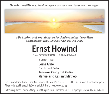 Traueranzeige von Ernst Howind von Neue Deister-Zeitung