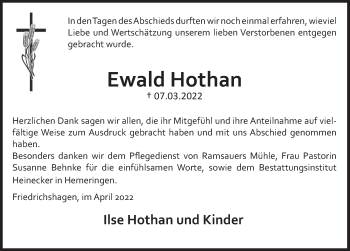 Traueranzeige von Ewald Hothan von Deister- und Weserzeitung