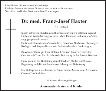 Traueranzeige von Franz-Josef Haxter von Deister- und Weserzeitung