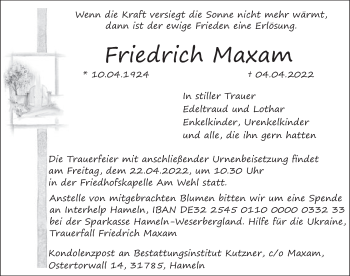Traueranzeige von Friedrich Maxam von Deister- und Weserzeitung