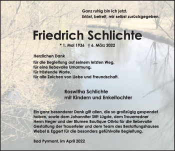 Traueranzeige von Friedrich Schlichte von Deister- und Weserzeitung
