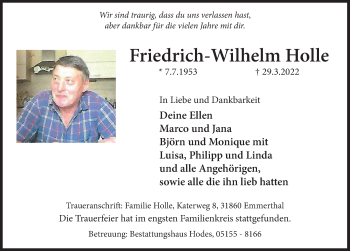 Traueranzeige von Friedrich-Wilhelm Holle von Deister- und Weserzeitung