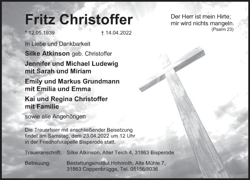  Traueranzeige für Fritz Christoffer vom 20.04.2022 aus Deister- und Weserzeitung