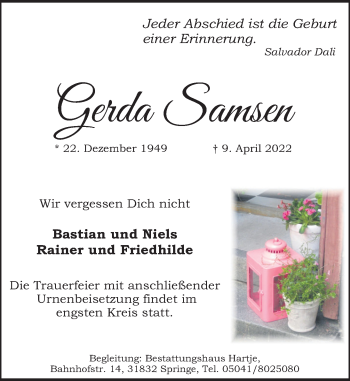 Traueranzeige von Gerda Samsen von Neue Deister-Zeitung