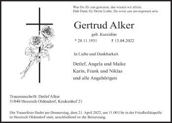 Traueranzeige von Gertrud Alker von Deister- und Weserzeitung