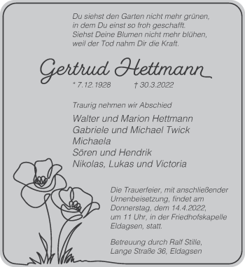 Traueranzeige von Gertrud Hettmann von Neue Deister-Zeitung