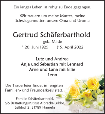 Traueranzeige von Gertrud Schäferbarthold von Deister- und Weserzeitung